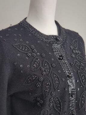 Vintage Black Beaded Leaf-Embellished Cardigan